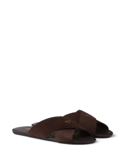 Prada Suede Open Toe Flat Sole Slides In Brown