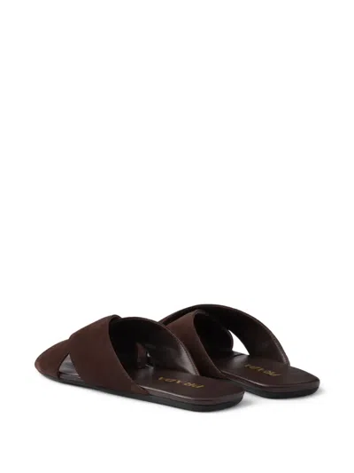 Prada Suede Open Toe Flat Sole Slides In Brown