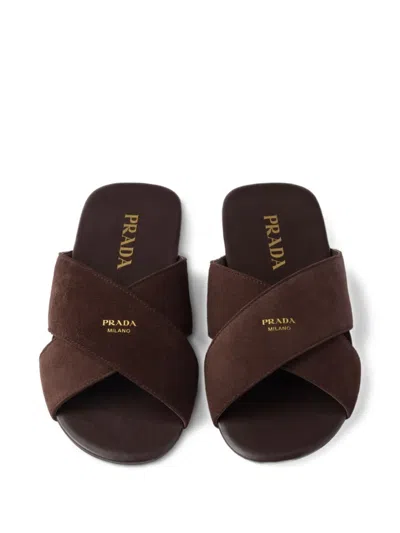Prada Suede Open Toe Flat Sole Slides In Brown