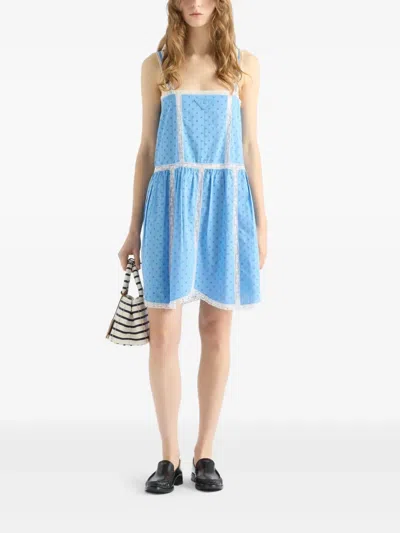 Prada Logo-embroidered Mini Dress In Blue