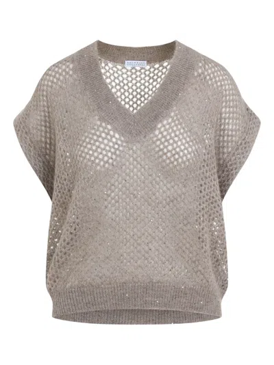 Brunello Cucinelli Openwork Knit Design Vest With Sequins In Neutral