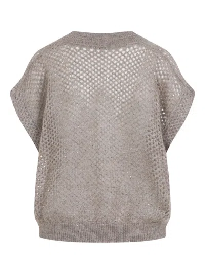 Brunello Cucinelli Openwork Knit Design Vest With Sequins In Neutral