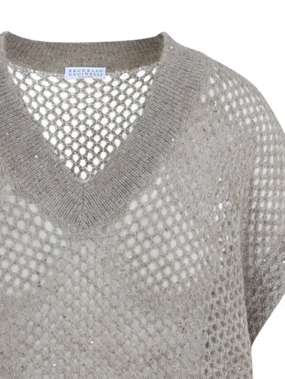 Brunello Cucinelli Openwork Knit Design Vest With Sequins In Neutral