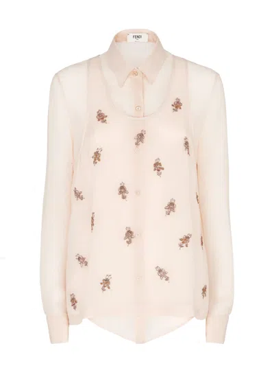 Fendi Women Georgette Top With Rhinestones And Sequins Embroidery In Multi