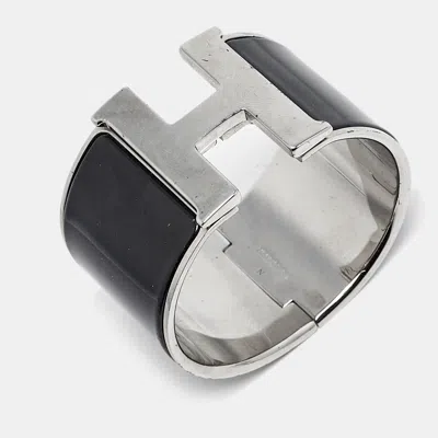 Pre-owned Hermes Clic Clac H Black Enamel Palladium Plated Extra Wide Bracelet