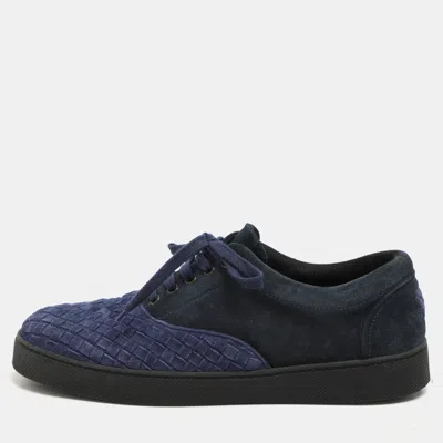 Pre-owned Bottega Veneta Two Tone Blue Suede Intrecciato Low Top Sneakers Size 43