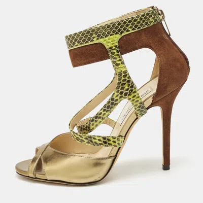 Pre-owned Jimmy Choo Beige/brown Python And Suede Ankle Strap Sandals Size 39 In Multi