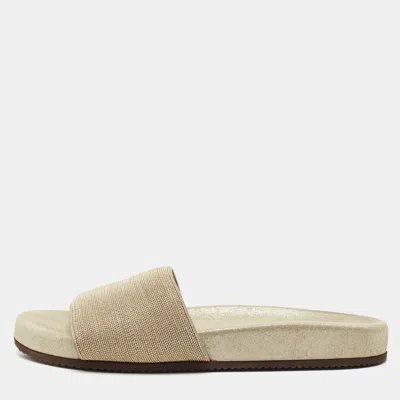 Pre-owned Brunello Cucinelli Gold Metal And Suede Flat Slides Size 40