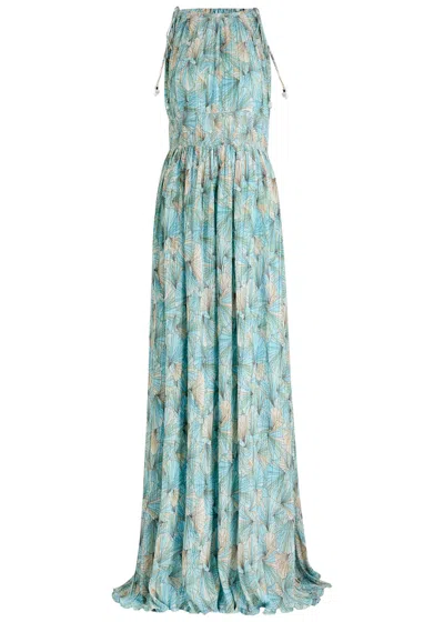 Veronica Beard Yardley Floral Pleated Chiffon Gown In Blue