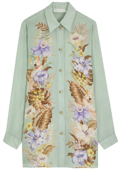 Zimmermann Floral Silk Shirt Featuring Buttoned Cuffs In Green