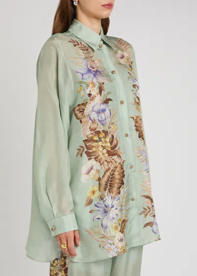 Zimmermann Floral Silk Shirt Featuring Buttoned Cuffs In Green