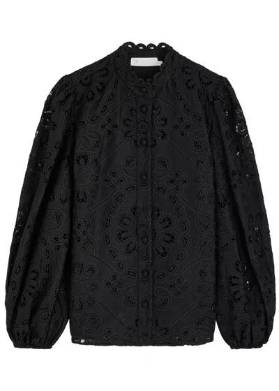 Zimmermann Rhiannon Guipure Lace Trim Cotton Shirt In Black