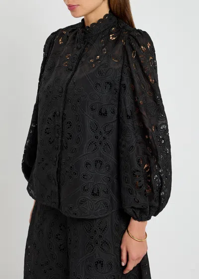 Zimmermann Rhiannon Guipure Lace Trim Cotton Shirt In Black