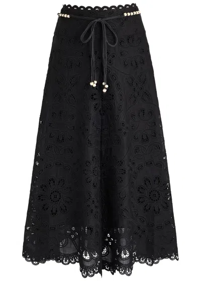 Zimmermann Flared Midi Skirt With Embroidered Openwork Design In Black