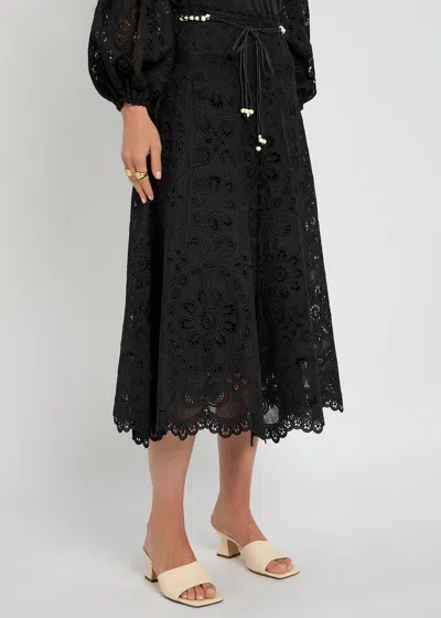 Zimmermann Flared Midi Skirt With Embroidered Openwork Design In Black