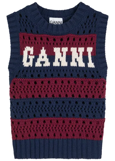 Ganni Striped Openwork Vest With Logo Inlay In Multi