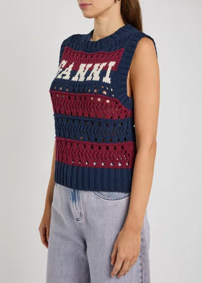 Ganni Striped Openwork Vest With Logo Inlay In Multi