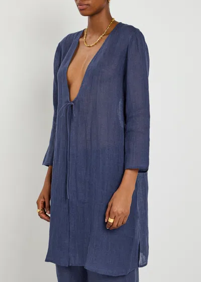 Eileen Fisher Tie Front Longline Organic Linen Jacket In Blue