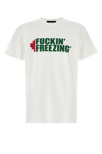 Dsquared2 White Crewneck T-shirt With Print On The Front And Logo Lettering On The Rear In Cotton Man In White