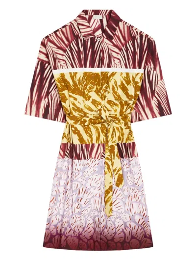 Dries Van Noten Womens Burgundy Abstract-print Belted Cotton-poplin Midi Dress