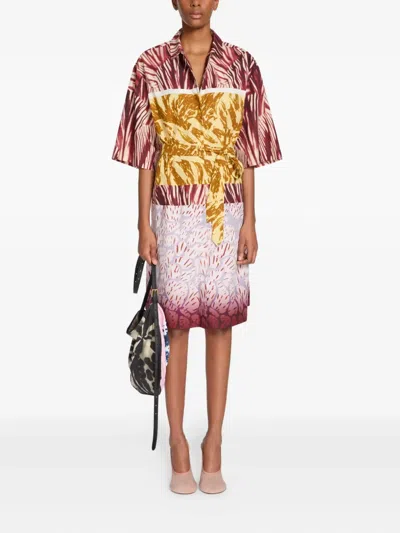 Dries Van Noten Womens Burgundy Abstract-print Belted Cotton-poplin Midi Dress