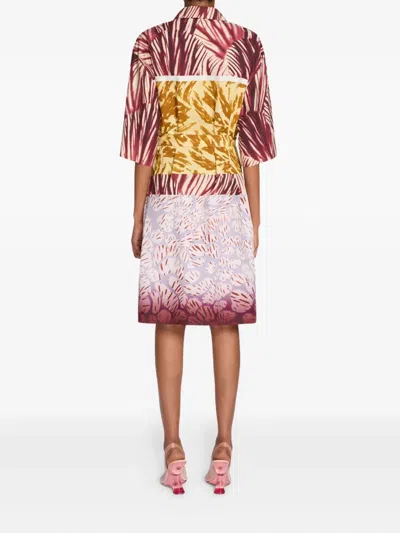 Dries Van Noten Womens Burgundy Abstract-print Belted Cotton-poplin Midi Dress