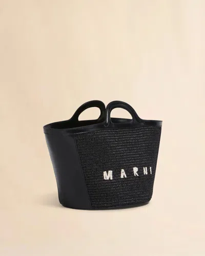 Marni Tropicalia Small Bag In Black Leather And Raffia-effect Fabric