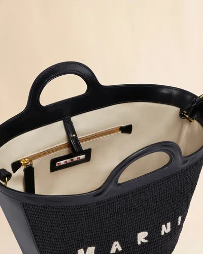 Marni Tropicalia Small Bag In Black Leather And Raffia-effect Fabric