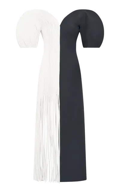 Gabriela Hearst Lysander Fringe Midi Dress In Ivory Nappa Leather & Black Wool Silk Cady