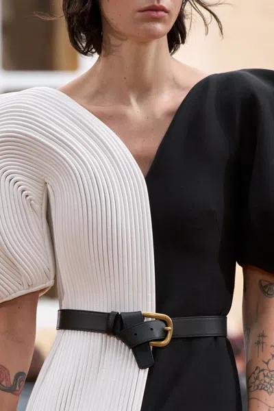 Gabriela Hearst Lysander Fringe Midi Dress In Ivory Nappa Leather & Black Wool Silk Cady