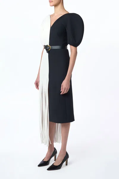Gabriela Hearst Lysander Fringe Midi Dress In Ivory Nappa Leather & Black Wool Silk Cady
