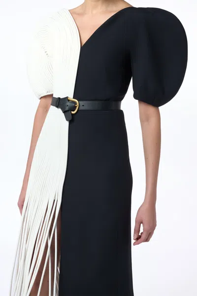 Gabriela Hearst Lysander Fringe Midi Dress In Ivory Nappa Leather & Black Wool Silk Cady