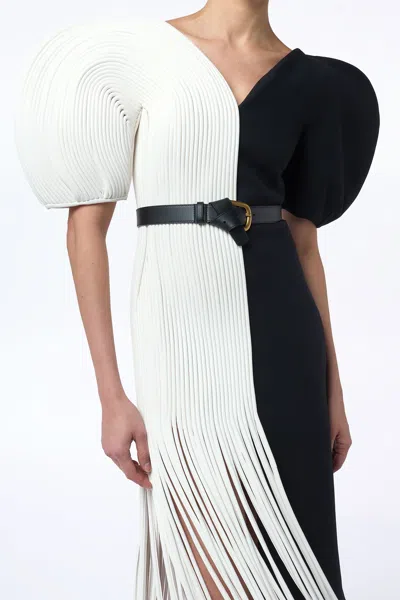 Gabriela Hearst Lysander Fringe Midi Dress In Ivory Nappa Leather & Black Wool Silk Cady