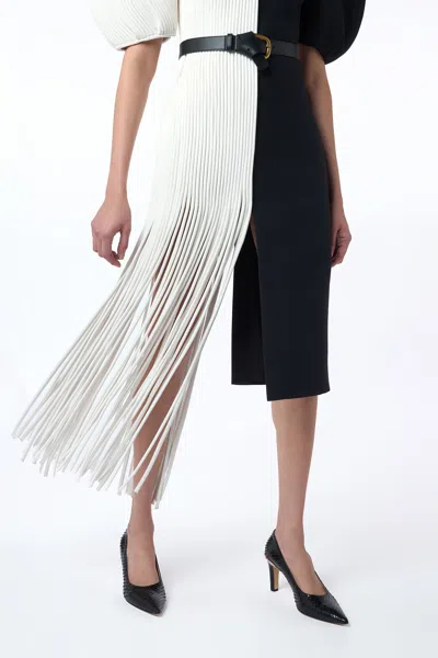Gabriela Hearst Lysander Fringe Midi Dress In Ivory Nappa Leather & Black Wool Silk Cady
