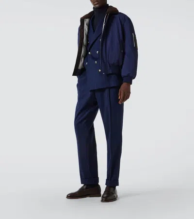 Brunello Cucinelli Down Jacket Nylon Shearling Collar In Blue