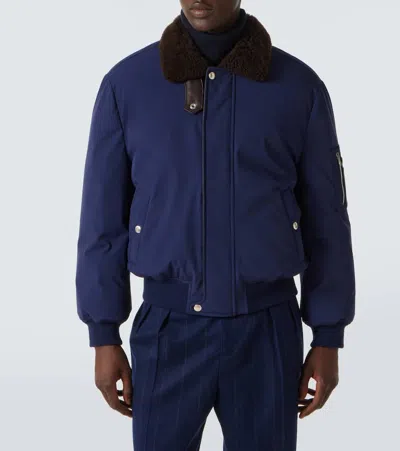 Brunello Cucinelli Down Jacket Nylon Shearling Collar In Blue