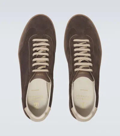 Brunello Cucinelli Suede Low-top Sneakers Contrast Detail In Brown