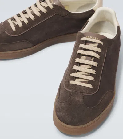 Brunello Cucinelli Suede Low-top Sneakers Contrast Detail In Brown