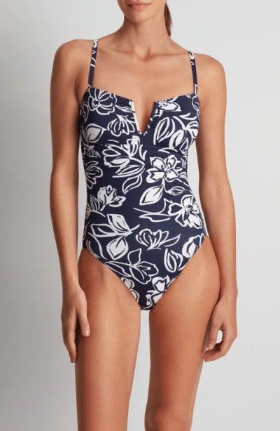Ralph Lauren One-piece Women Blue Allora Floral U-wire Swimsuit Buu426 In Animal Print