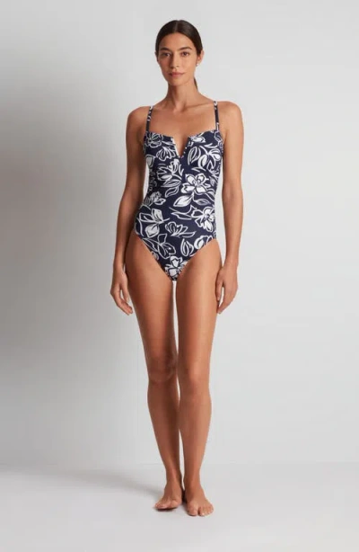 Ralph Lauren One-piece Women Blue Allora Floral U-wire Swimsuit Buu426 In Animal Print