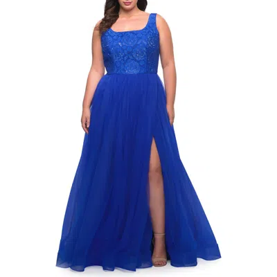 La Femme A-line Tulle And Lace Plus Size Gown With Slit