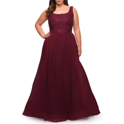 La Femme A-line Tulle And Lace Plus Size Gown With Slit