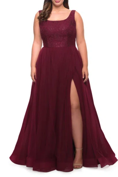 La Femme A-line Tulle And Lace Plus Size Gown With Slit