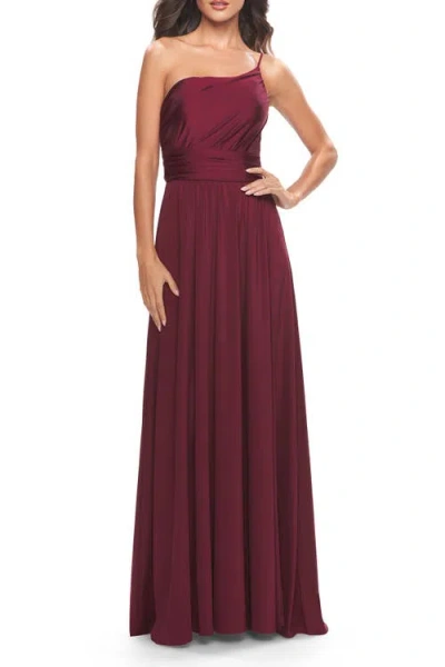 La Femme Chic One Shoulder Long Jersey Gown With Defined Waist