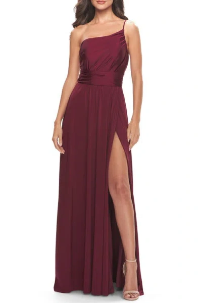 La Femme Chic One Shoulder Long Jersey Gown With Defined Waist