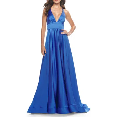 La Femme A-line Satin Gown With Deep V And Slit