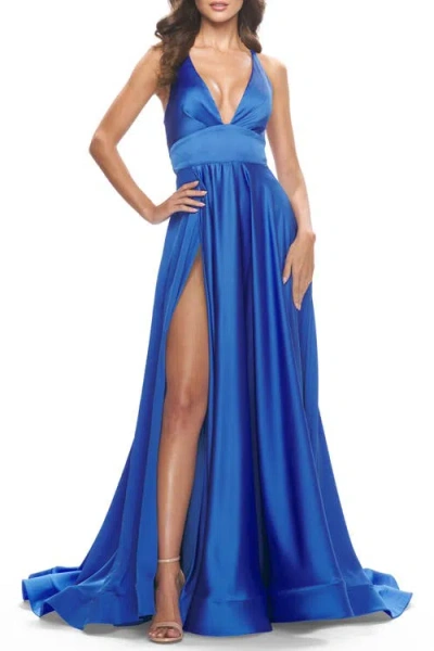 La Femme A-line Satin Gown With Deep V And Slit