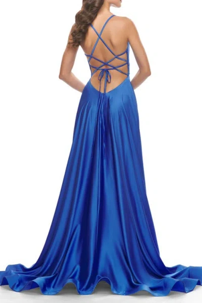 La Femme A-line Satin Gown With Deep V And Slit