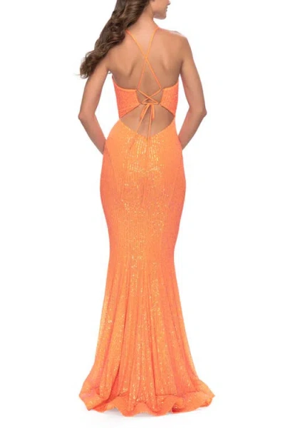 La Femme Fitted Stretch Sequin Dress With Open Back And Defined Cups