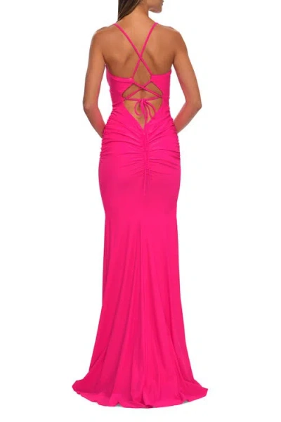 La Femme Simple Jersey Dress With Low Open Back And Ruched Zipper